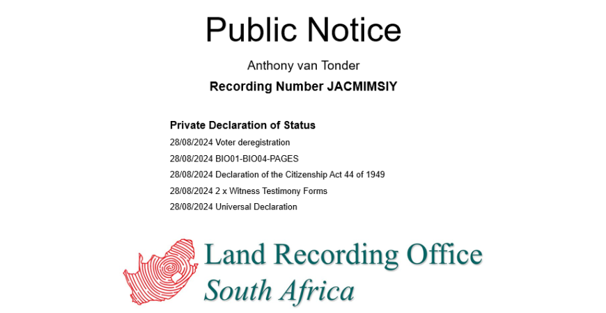 Public Notice Anthony van Tonder Recording Number JACMIMSIY