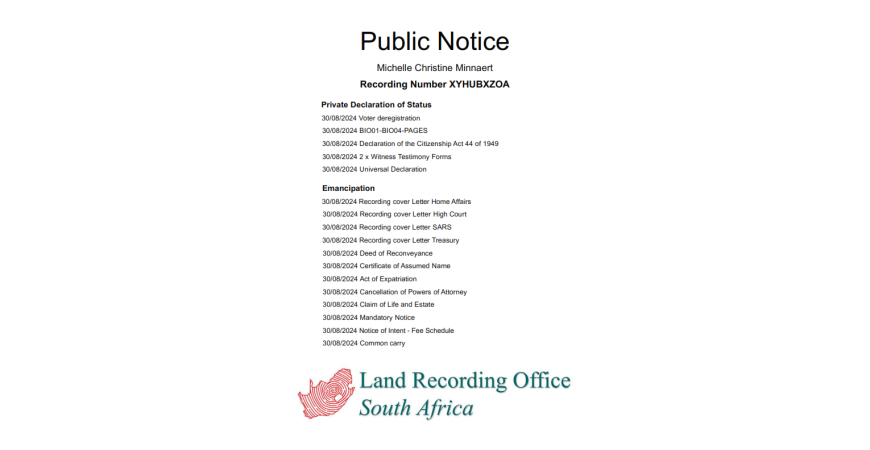 Public Notice Michelle Christine Minnaert Recording Number XYHUBXZOA