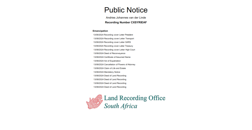 Public Notice Andries Johannes van der Linde Recording Number CXSYRIEAF
