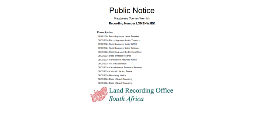 Public Notice Magdalena Toerien Wernich Recording Number LOMENWJEK