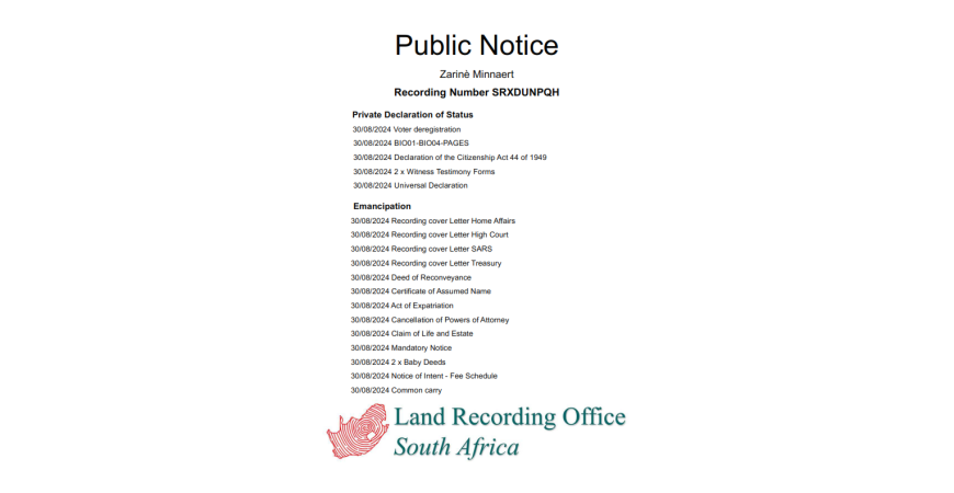 Public Notice Zarinè Minnaert Recording Number SRXDUNPQH