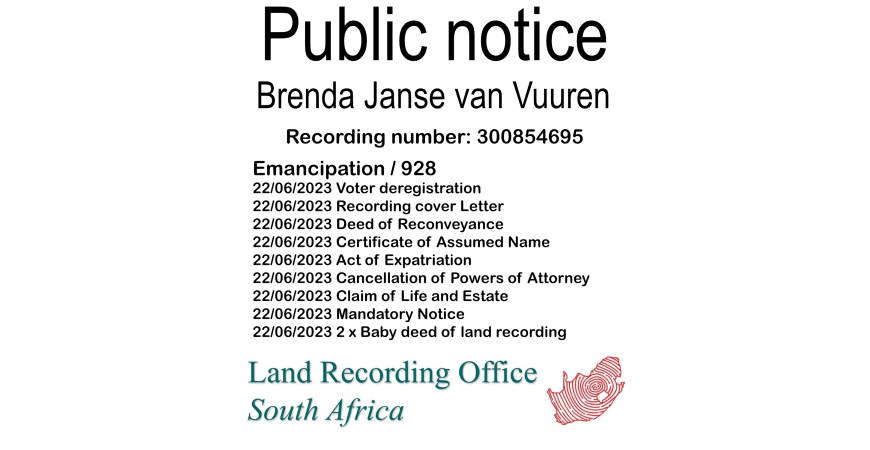 Public Notice Brenda Janse van Vuuren (c) Recording number 300854695