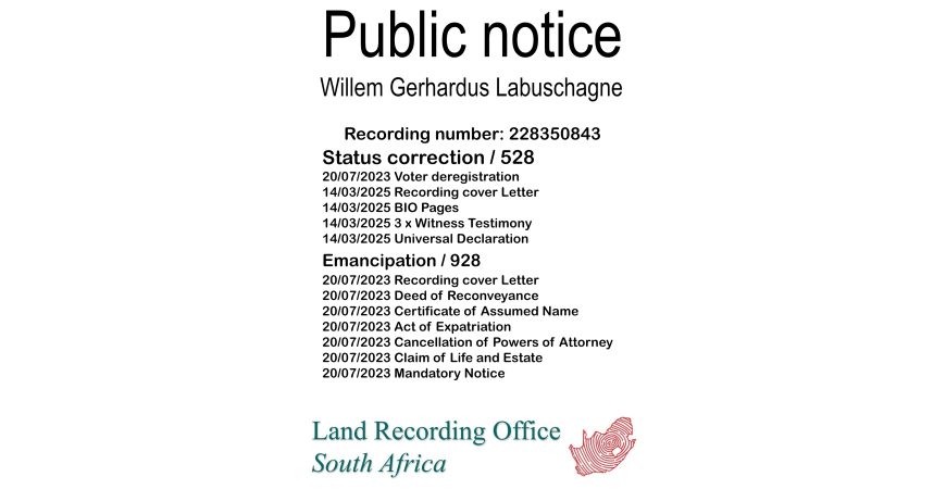 Public Notice Willem Gerhardus Labuschagne (c) Recording number 228350843