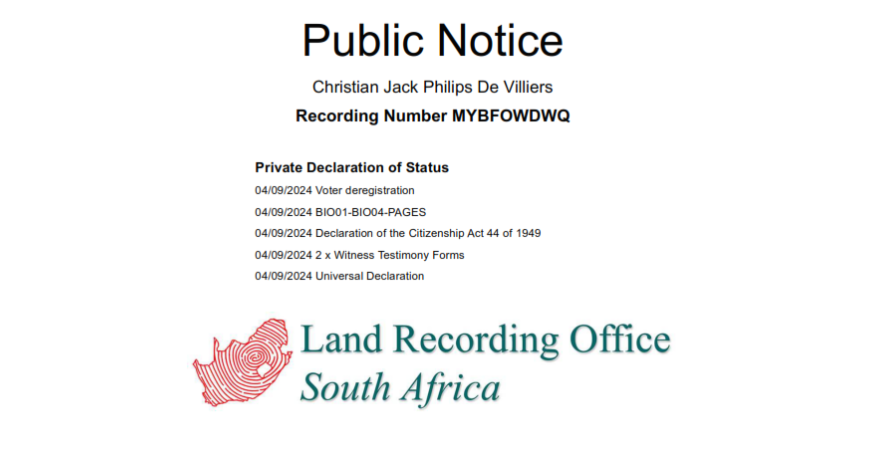 Public Notice Christian Jack Philips De Villiers Recording Number MYBFOWDWQ