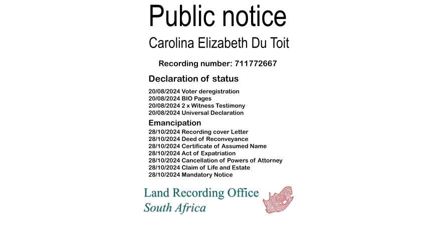 Public notice Carolina Elizabeth Du Toit Recording number 711772667