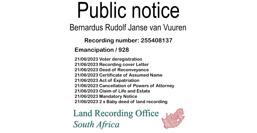 Public Notice Bernardus Rudolf Janse van Vuuren (c) Recording number 255408137