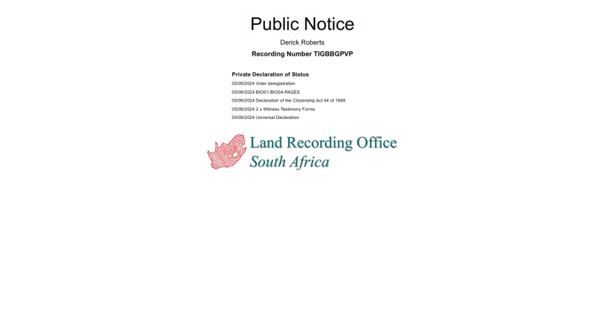 Public Notice Derick Roberts Recording Number TIGBBGPVP