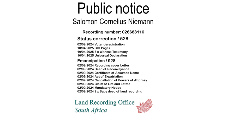 Public Notice Salomon Cornelius Niemann (c) Recording number 026688116