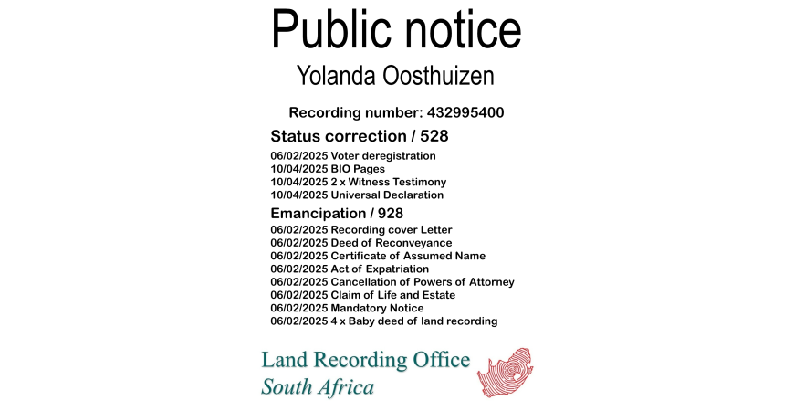 Public Notice Yolanda Oosthuizen (c) Recording number 432995400