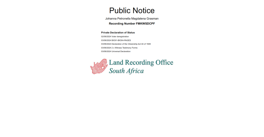 Public Notice Johanna Petronella Magdalena Grasman Recording Number FMKWSDCPF