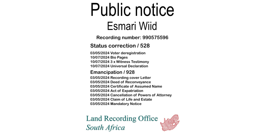 Public Notice Esmari Wiid (c) Recording number 990575596
