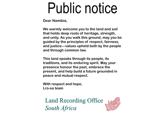 Public notice Namibia, Welcome to the land and soil Namibia. 