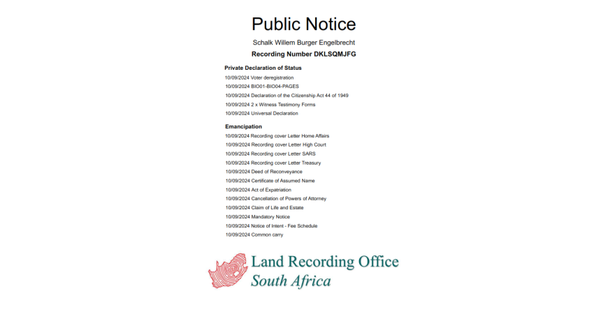 Public Notice Schalk Willem Burger Engelbrecht Recording Number DKLSQMJFG