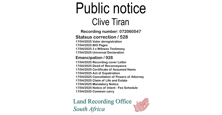 Public Notice Clive Tiran (c) Recording number 072060547