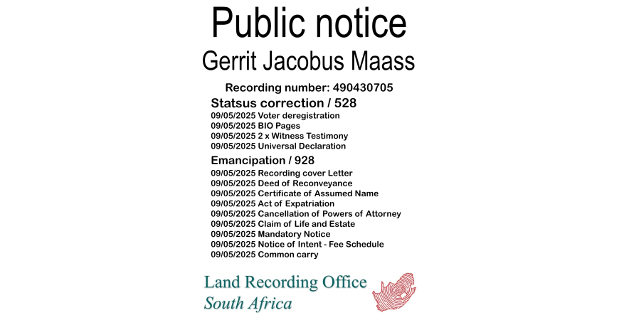 Public Notice Gerrit Jacobus Maass (c) Recording number 490430705