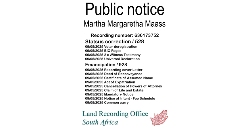 Public Notice Martha Margaretha Maass (c) Recording number 636173752