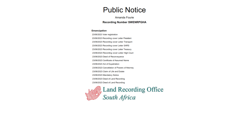 Public Notice Amanda Fourie Recording Number SWENRPGHA