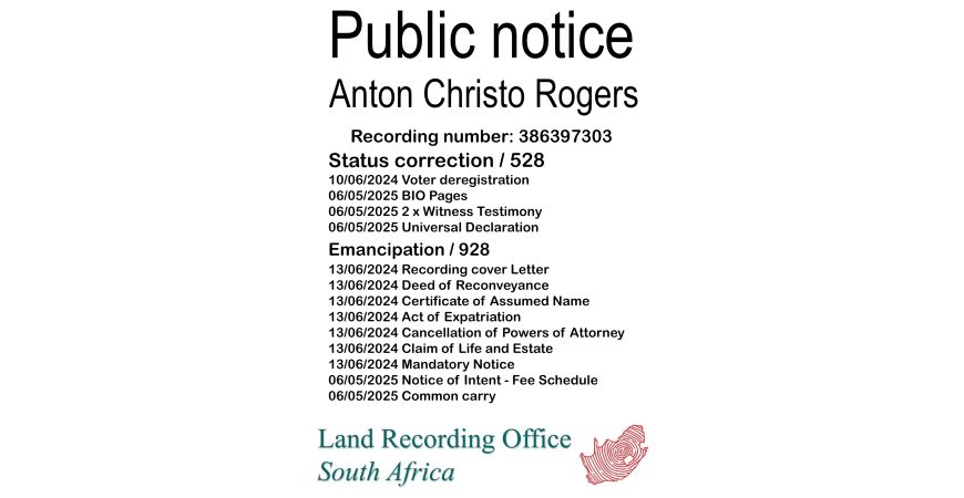 Public Notice Anton Christo Rogers (c) Recording number 386397303