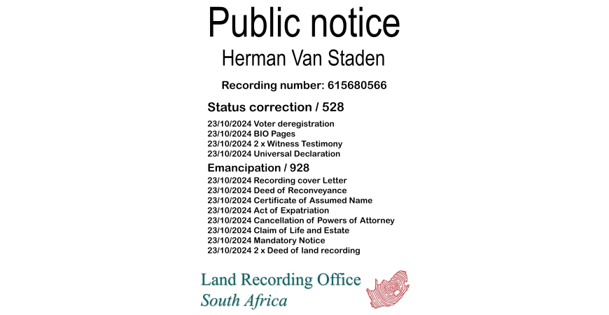 Public Notice Herman Van Staden (c) Recording number 615680566