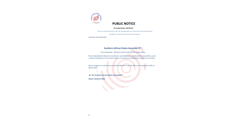 Public Notice Southern African States Assembly ©™ Recording number 883766134