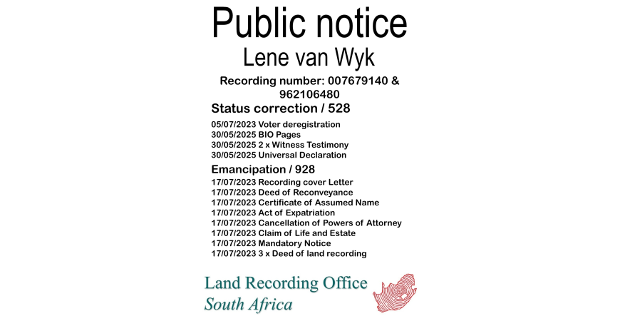 Public Notice Lene van Wyk (c) Recording number 007679140 & 962106480