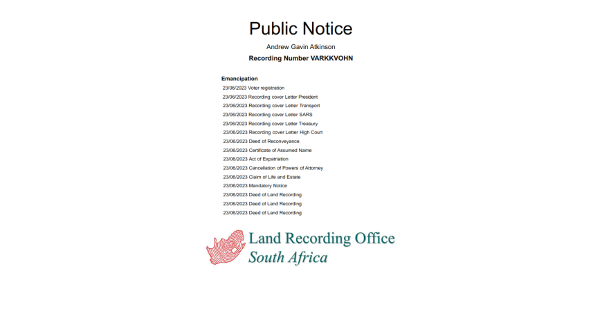 Public Notice Andrew Gavin Atkinson Recording Number VARKKVOHN