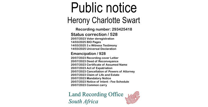 Public Notice Herony Charlotte Swart (c) Recording number 293425418