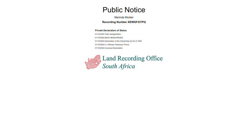 Public Notice Marinda Mulder Recording Number XEWGFGYPQ