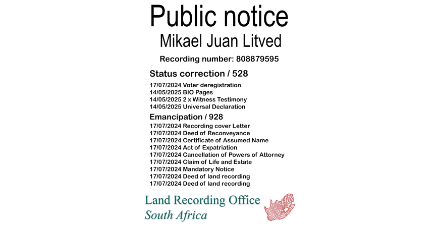 Public Notice  Mikael Juan Litved (c) Recording number 808879595