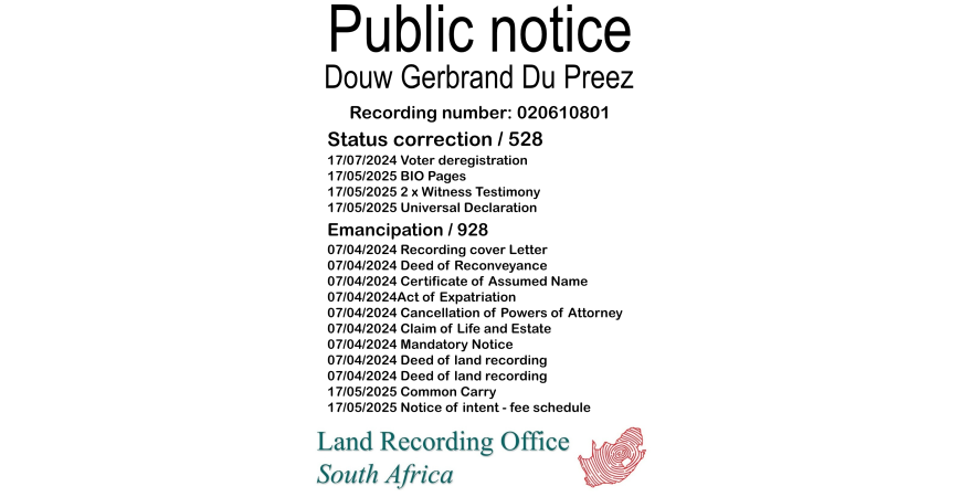 Public Notice Douw Gerbrand Du Preez (c) Recording number 020610801