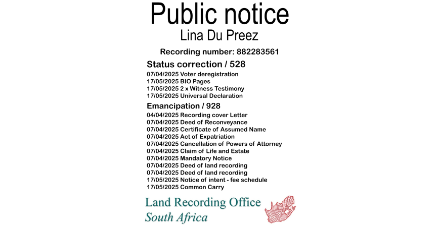 Public Notice Lina Du Preez (c) Recording number 882283561