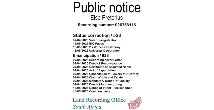 Public Notice Else Pretorius (c) Recording number 926753113