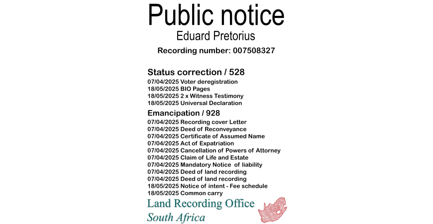 Public Notice Eduard Pretorius (c) Recording number 007508327