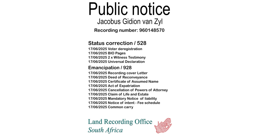 Public Notice Jacobus Gidion van Zyl (c) Recording number 960148570