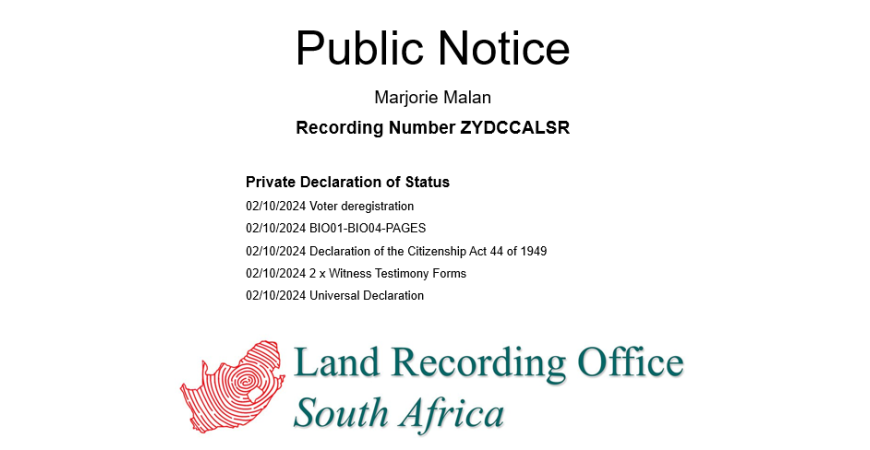 Public Notice Marjorie Malan Recording Number ZYDCCALSR