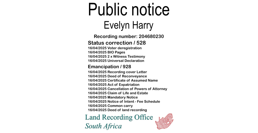 Public Notice Evelyn Harry (c) Recording number 204680230
