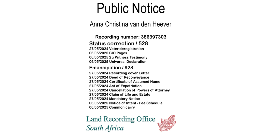 Public Notice Anna Christina van den Heever (c) Recording number 407711889