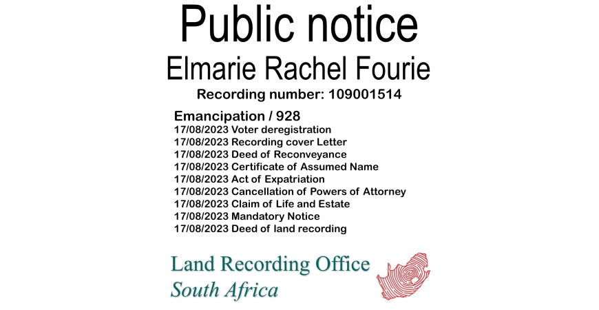 Public Notice Elmarie Rachel Fourie (c) Recording number 109001514