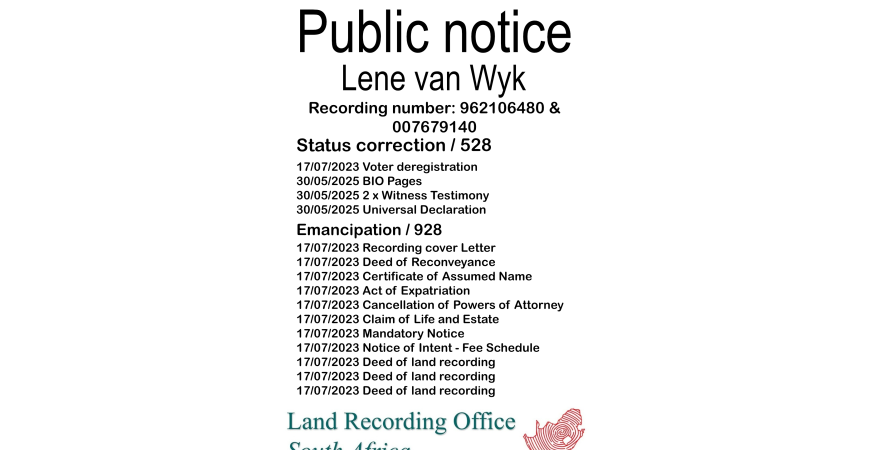 Public Notice Lene van Wyk (c) Recording number 962106480 & 007679140