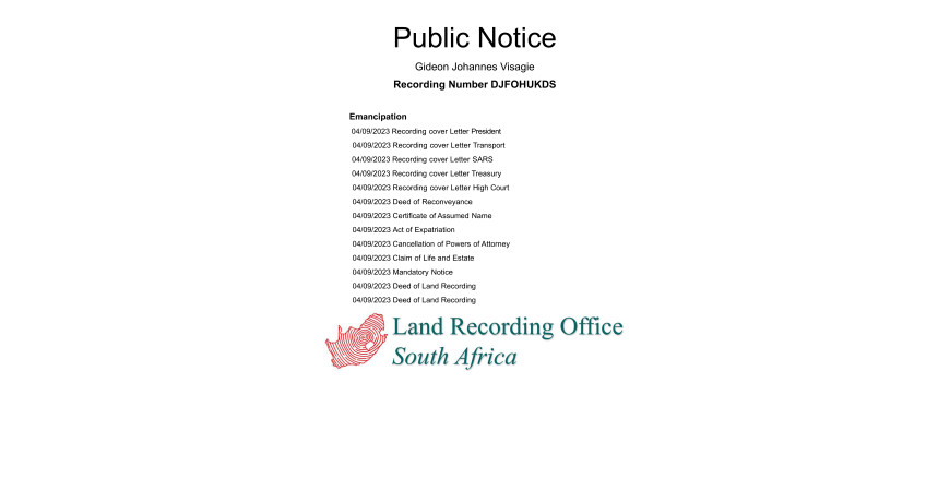 Public Notice Gideon Johannes Visagie Recording Number DJFOHUKDS