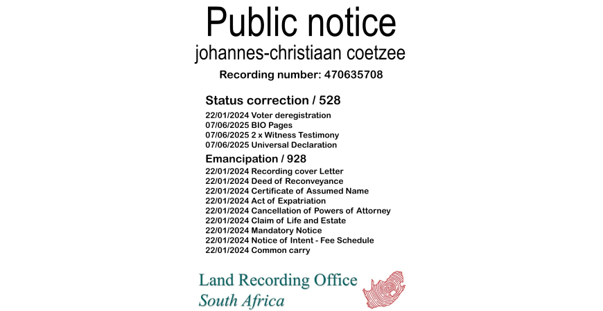 Public Notice johannes-christiaan coetzee (c) Recording number 470635708