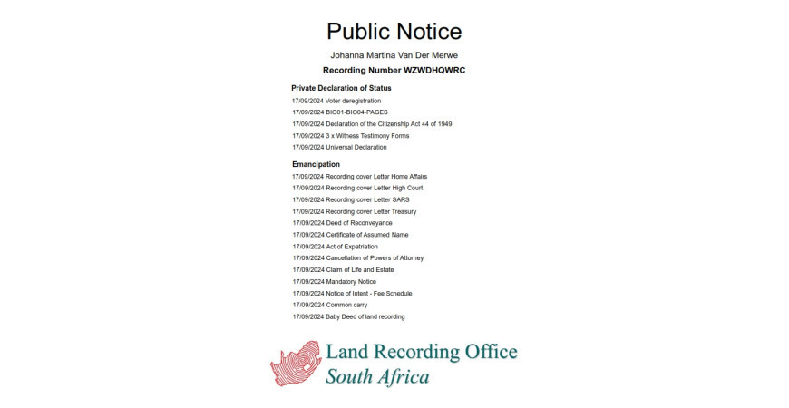 Public Notice Johanna Martina Van Der Merwe Recording Number WZWDHQWRC