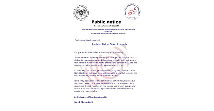 Public Notice Southern African States Assembly Recording number 949639549