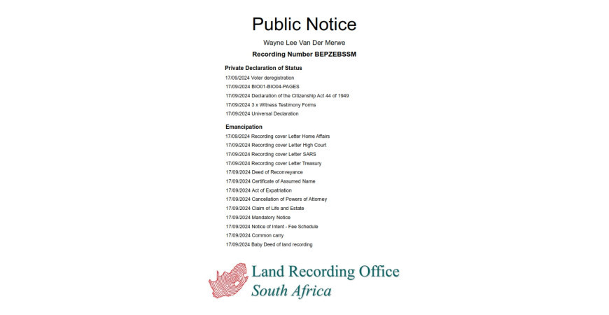 Public Notice Wayne Lee Van Der Merwe Recording Number BEPZEBSSM