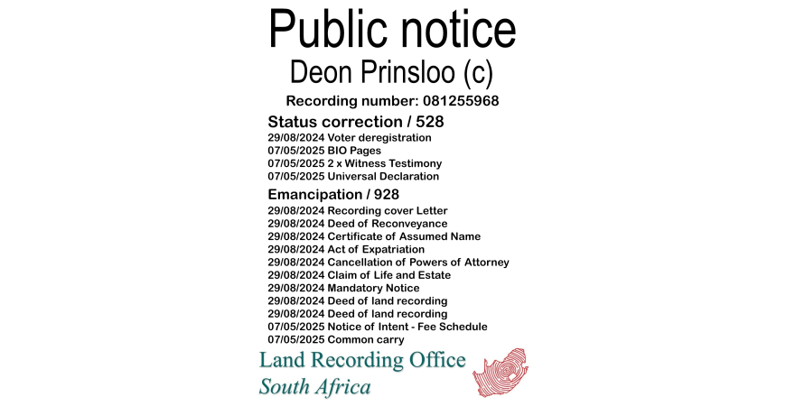 Public notice Deon Prinsloo (c) Recording number 081255968
