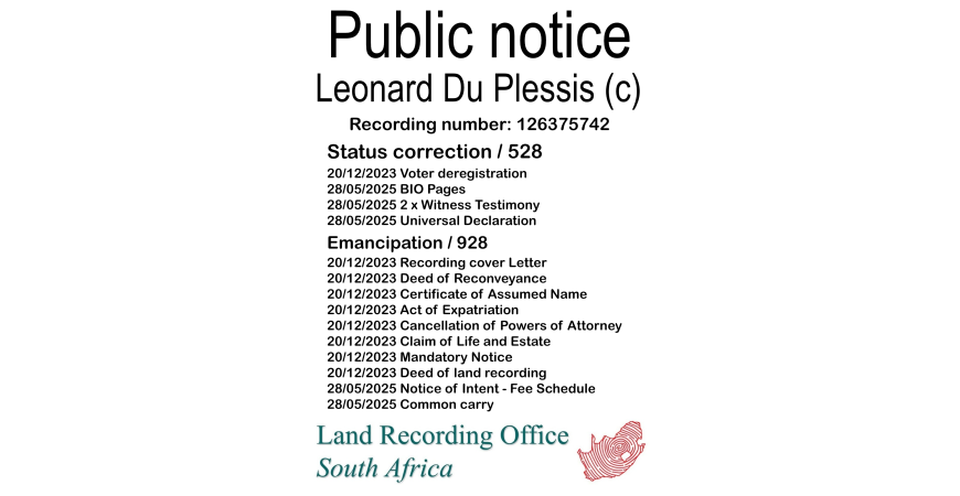 Public notice Leonard Du Plessis (c) Recording number 126375742