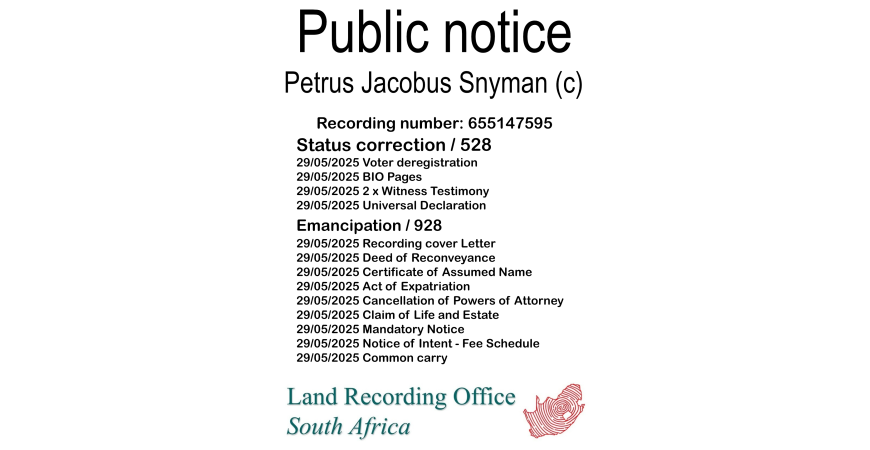 Public notice Petrus Jacobus Snyman (c) Recording number 655147595