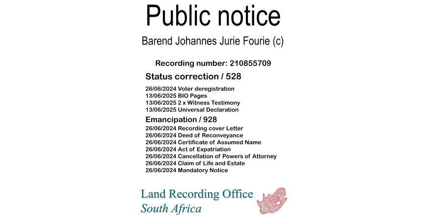 Public notice Barend Johannes Jurie Fourie (c) Recording number 210855709