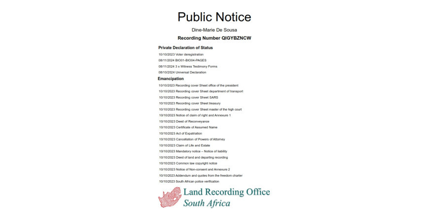 Public notice Dine-Marie De Sousa Recording Number QIGYBZNCW