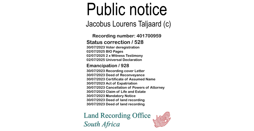 Public notice Jacobus Lourens Taljaard (c) Recording number 401700959